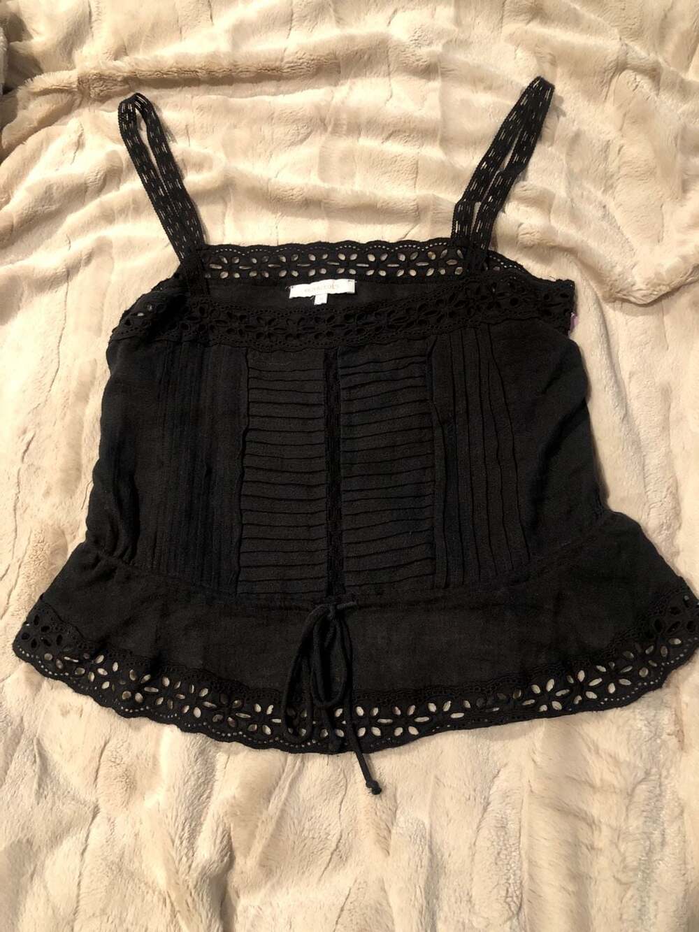 Olivaceous Black Eyelet Lace Trim Pleated Peplum Cami Tank Top